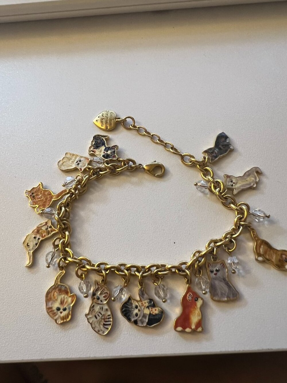 Gold Tone Cat Bracelet w/ Heart Charm